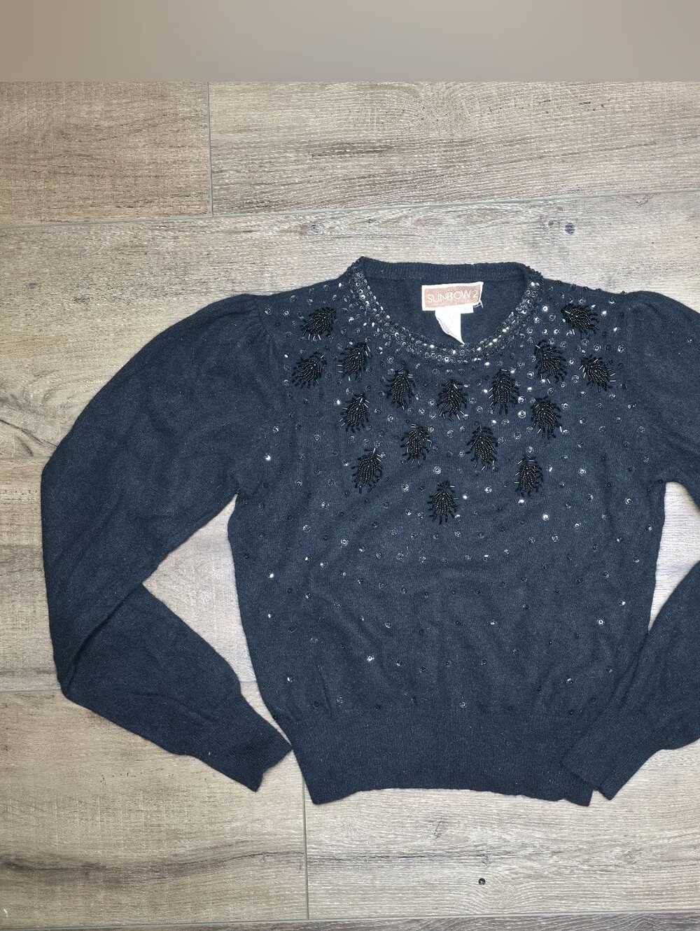 Vintage 80s Angora Lambswool Beaded Black Sweater M